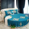 Bedding Sets Dark Blue Jacquard Crown Design Round Bed Duvet Cover Bedsheet Pillowcase 4pcs Super King Size Pure Cotton Corner