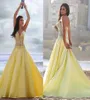 Великолепные атласные атласные платья с кружевными аппликациями желтые виды через платье Aline Prom Beach Evening Howns7945362