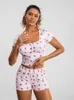 Home Clothing Women Summer Loungewear Strawberry Print Short Sleeve Square Neck T-shirt And Shorts Pajama Sets Sleepwear