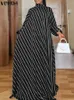 Plus storlek 5xl Vonda elegant randig maxi klänning kvinnor hög hals lång sundress puffhylsa tryckt vestidos 240326