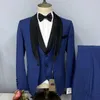 Men's Suits 2024 Set Dark Blue Suit Black Lapel Classic Single Breasted Party Wedding Three Piece (Jacket Pants Vest)