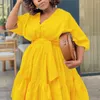 Party Dresses Elegant For Women V Neck Short Sleeve High Waisted A Line Pleated Mid Calf Luxury Female Birthday Dinner Vestidos