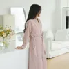 Home Clothing Women Cotton Waffle Robe Nightwear Long Sleeve Bathrobes Lace Up Sleepwear Clothes Solid Color Casual Nightie With Pockect