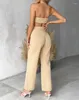 Dames tweedelige broek Set Woman 2 stuks Elegant 2024 Spring Sexy Backless Halter Shirred Crop Top Office Plain Pocket Design Sets