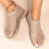 Sapatos casuais femininos apartamentos de cristal de luxo, sandálias de designer de verão panos de malha de caminhada mais tamanho 43