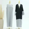 Etniska kläder 2 -stycken Modest Mellanöstern Set Islamiska svartgrå Cardigan Dubai Abaya Ramadan Eid Muslimsk kvinnor Elegant klänning Turkiet Arab Arab