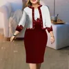 Work Dresses 2 Pcs/Set Trendy Dress Blazer Suit Knee Length Women Coat Set Cardigan Floral Print Party Warm