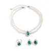 Halskettenohrringe Setzen Sie Doppelschicht Perlenohrringe Grüne Kristallschlüsselblätter Choker Anhänger