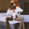 Calça feminina feminina feminina largou o leopardo da calça vintage da cintura alta calça de moletom de luxo de ponta