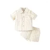 Kledingsets geboren Baby Boy Summer Outfit Katoen Linnen Korte Mouw Down Shirt Down Shirt Elastic Taille Shorts 2pcs Casual Kleding