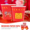 Copas descartáveis palhas 100 pcs Red Double Happiness Glass Banquet Tea Festive Serving Paper Practical Bride Glasses Plastic for Party