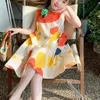 Fashion élégante harajuku slim fit des vêtements pour enfants lâches décontractées tout match de soleil o coude imprimé sans manches robe princesse 240329