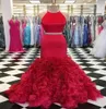 Red Cheap Mermaid Prom Dress 2022 Two Pieces Halter Backless Satin Ruffled Floor length Dresses Evening Formal Party Gowns For Wom1259949