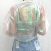 Kvinnor iriserande laser transparent kappjacka holografisk regnbåge baseball vindbrytare rockar kvinna kläder 240322