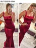 Feestjurken vierkante nek mouwloze satijnen avondjurk backless riemen vloer lengte zeemeermin bruidsmeisjes trouwjurk elegante dames