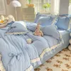 Pink Lace Ruffle Bowknot Duvet Cover Bed Skirt Linens Pillowcases Luxury Bedding Set For Girls Woman Decor Home 240320