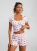 Home Clothing Women Summer Loungewear Strawberry Print Short Sleeve Square Neck T-shirt And Shorts Pajama Sets Sleepwear