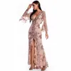 Women designer sexy sequin long sleeve dress evening gown