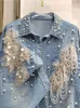 Camisa de mezclilla de blusas para mujeres Flas bordadas sueltas Pearls Flores Cadenas Patchwork Blusa delgada 2024 Fashion de verano 29L7272