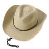 Brede rand hoeden leer voor vrouwen unisex massief lint cowboy stro hoed koe hoofddeeg ademend zonnescherm Frans