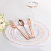 Sängkläder sätter 18st Rose Gold Plastic Disponable Table Seary Dessert Knives Forks Spoon Wedding Birthday Festy Decoration Supplies