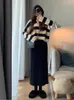 Arbetsklänningar 2 -stycken Set Women Outfit Autumn/Winter Elegant Stripe V Neck stickad tröja Top Suits Korean Fashion Casual Dress