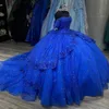 Królewska Niebieska Księżniczka Quinceanera Sukienki Współziartowa suknia balowa z barem na ramionach cekiny Vestido de Quinceanera Backless 15 Sukienka maskarady