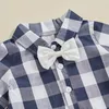 Kledingsets 0-24 m baby babyjongen zomer outfits korte mouw knop naar beneden 3d bowtie plaid tops verstelbare suspender shorts