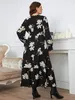 Plus size zomer vrouwen jurk wraped v nek swing jurken taille riem bloemen pring robe ruche zoom lange mouwen vrouwelijke zonsondergang 240326