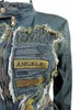 Arbeitskleider Joskaa Stretch Denim 2 Stück Set Women Letter Stickerei Full Sleeve Reißverschluss und plissierter Rock 524 Y2k Streetwear