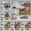 Shower Curtains Farm Animal Curtain Oil Painting Farmhouse Barn Door Donkey Cow Pig Sunflower Spring Non Slip Bath Mat Bathroom Decor Set