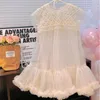 Mädchen Mesh Prinzessin Kleider weiß Kurzarm Perlen Kleid Baby Geburtstag Party Kleid Kinder Kleidung Sommer Pailletten Puffy Rock 240329