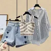 Patchwork à rayures Spring Summer Blouse de chemise blanche Love Denim Shorts Personnalité Gitre trois pièces Elegant Womens Shorts Set 240325