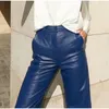 Pantalon féminin 2024 Streetwear de mode élégant Lady Pant Autumn hiver pu cuir en cuir bleu mince haute taille pantalon droit femelle