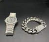 Hip Hop Mens Watches Set Fashion Diamond Diamond Out Cuban Chain Gold Silver Watch Set With Box 201919493928