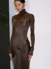 Articat High Neck Long Sleeve Bodycon Dress For Women Tight Elastic Lace Up Maxi Autumn 2023 Party Club Vestidos 240327