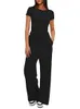 Women's 2 Piece Outfits Lounge Sets Ruched Short Sleeve Tops and High Waisted Wide Leg Pants Tracksuit Sets 2404051