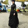 Party Dresses Vintage Steampunk Black Lace Prom For Women High Neck långa ärmar Knappar Ruched Gothic Victorian Bustle aftonklänningar