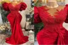 2022 بالإضافة إلى الحجم العربي ASO ebi Red Mermaid Lace Porm Dresses Sheer Deved Neck Velvet Asevers