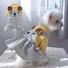 Dog Apparel Pet Dress Round Neck Soft Comfortable Cartoon Bear Ears Decor Plaid Cat Jumpsuit Daily Wear