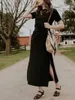 Feestjurken Spring veterontwerp Split MIDI-jurk voor vrouwen korte mouw ronde nek Franse dames eenvoudige massieve kleurgewaad