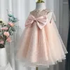 Mädchenkleider High-End-Sommer O-Neck rosa ärmelloses flauschige Kinderkleidung A-Line Big Bow Birthday Party Frock Blumenmädchen Kleid