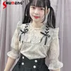 Kvinnors blusar japanska lolita bluskvinna 2024 Summer Mine Sweet Girl Lace Knot Kort ärmskjorta Kuttutskjortor för kvinnor
