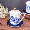 Mugs Ceramic Cup Blue and White Lid Plate Set Conference Room Tea Sales Gold Border Bone Porcelain