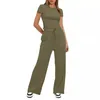 Damen 2 -teilige Outfits Lounge Sets Ruched Short Sleeve Tops und hoch getailte Weitbeinhosen -Trailsuiten 2404051