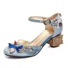 Sandales Fleur de luxe en cristal en cristal avec coeur métal talon de cube floral bleu velours rond rond mary jane pompes zapatos femme