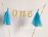 Zapasy imprezy ręcznie robione dzieci 1st tort urodzinowy banner złoty jeden dwa niebieskie frędzle dekoracja bunting baby shower 1th Decor