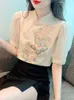 At yüzü etek kısa kollu bluz Çin tarzı toka zarif nakış boncuklu yaz üstü eşleşen kadın bluzları