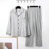 Home Clothing 2 Pcs/Set Men Pajamas Set Striped Plaid Print Color Matching Lapel Long Sleeve Wide Leg Homewear Clothes Shirt Pants