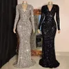 Customized size Women Gray V Neck Long Sleeve Sequin Dress Elegant Evening Dress Party Maxi Dress Ladies Trailing Dresses 240323